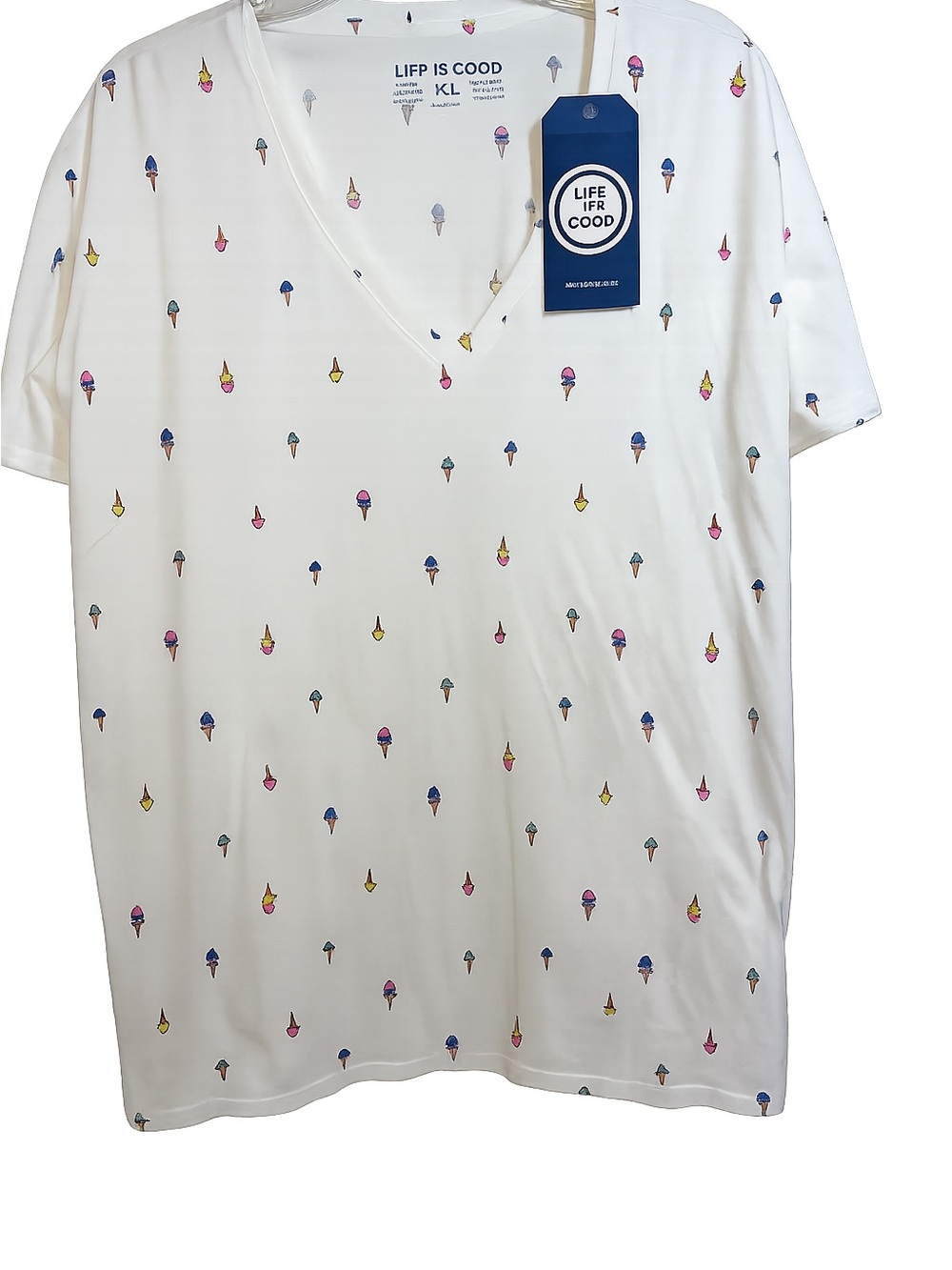 Life is Good Women’s White VNeck Ice Cream Print T-Shirt Size XL 100% Cotton NWT